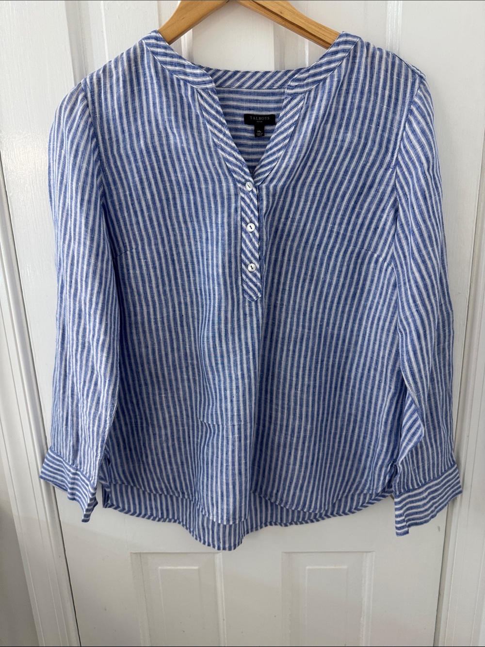 Talbots Petite Blue & White Striped Linen-Blend popover blouse